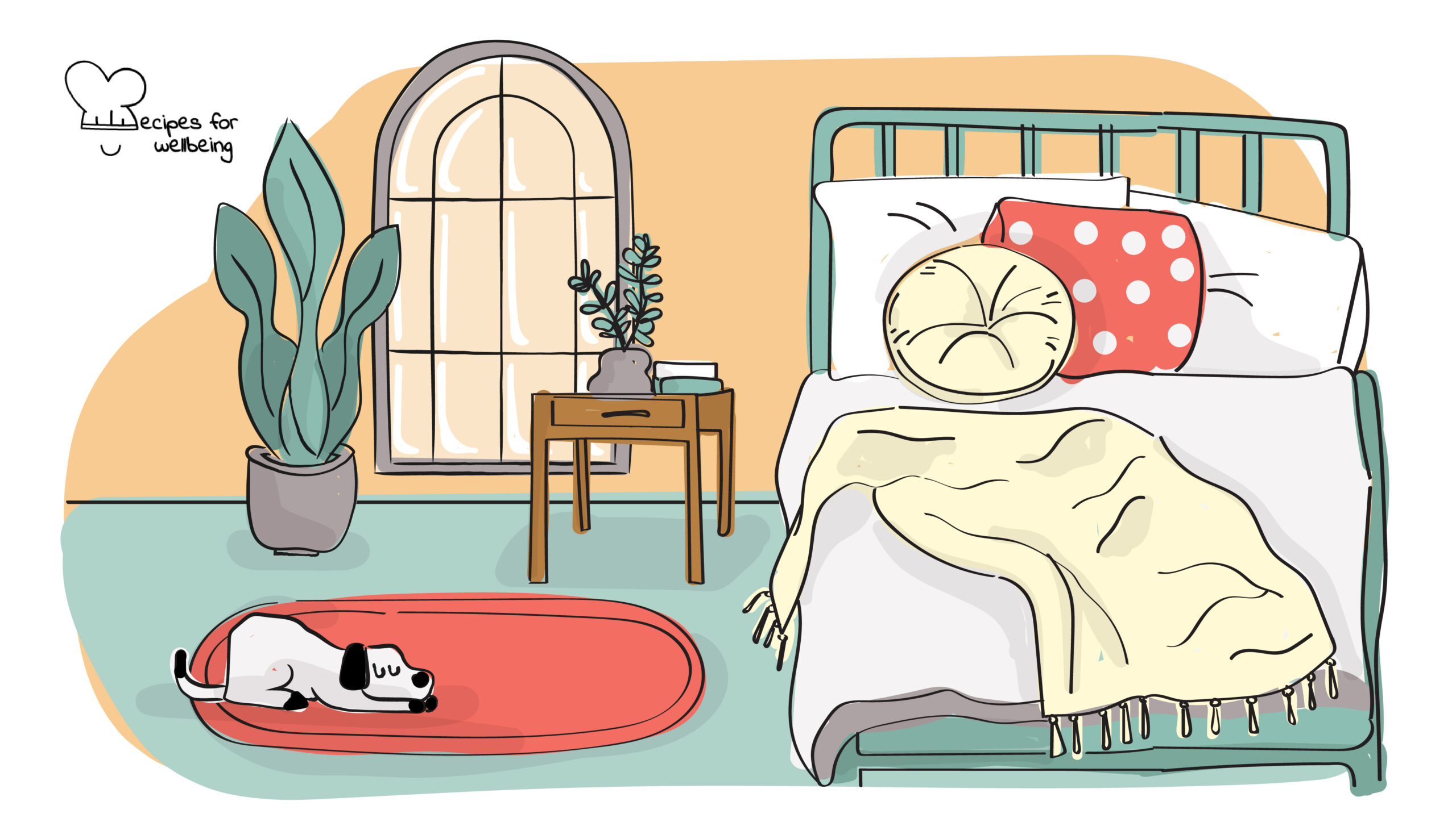 Illustration of bedroom with a bed, a side table, a plant, and a dog. © Recipes for Wellbeing