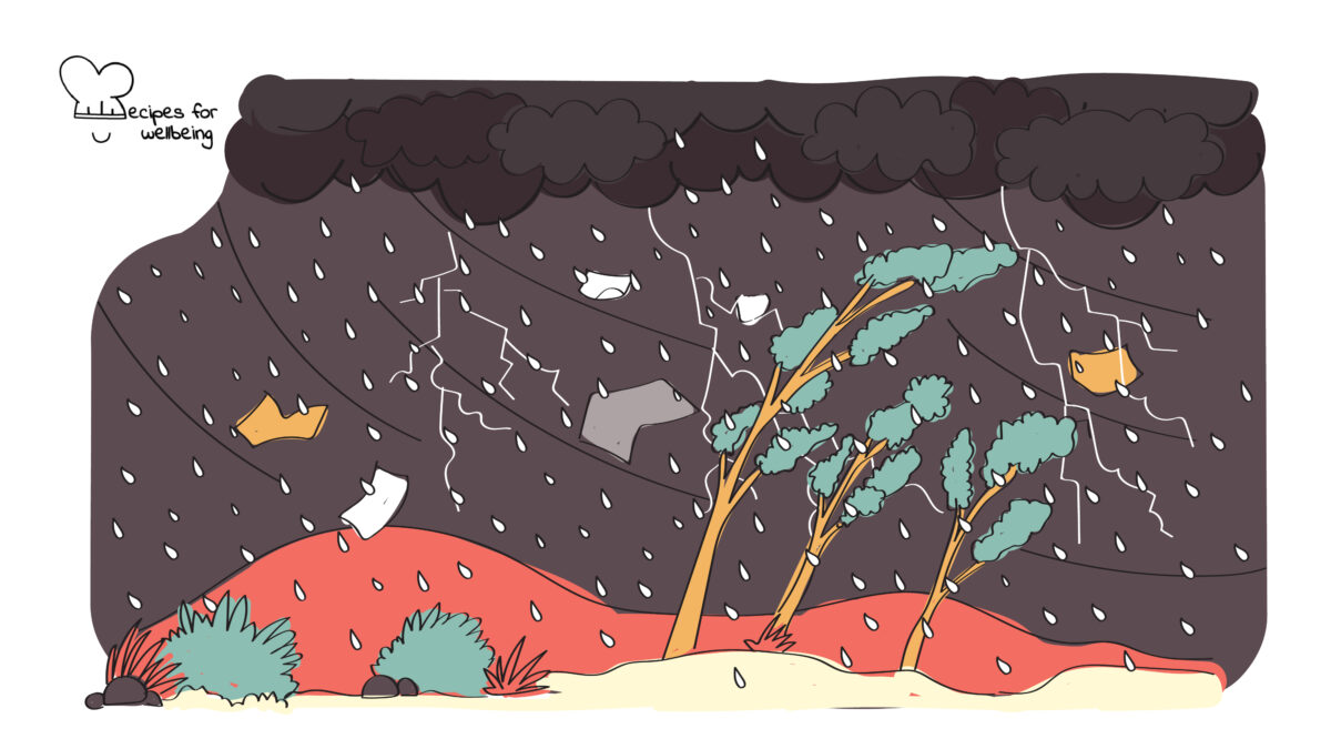 Illustration of a stormy landscape with lighting, heavy rains, and strong winds. © Recipes for Wellbeing