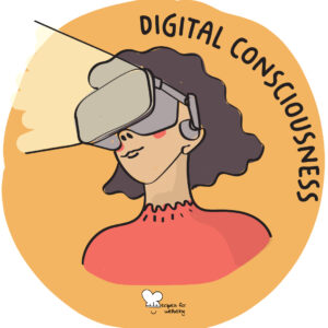 Illustration of a person wearing a VR headset for the digital consciousness wholebeing domain. © Recipes for Wellbeing