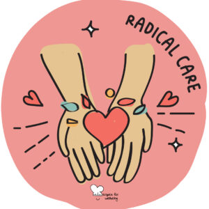 Illustration of a person's hands carrying a heart for the radical care wholebeing domain. © Recipes for Wellbeing