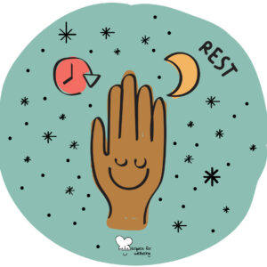 Illustration of a person's hand with a relaxed smiley face on it and surrounded by star icons and a moon for the rest wholebeing domain. © Recipes for Wellbeing