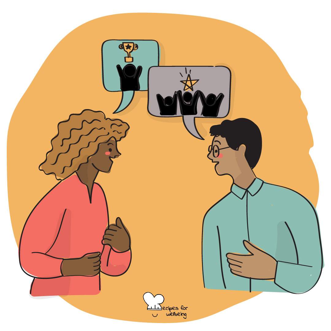 Illustration of a two people sharing their perspectives with one another. © Recipes for Wellbeing