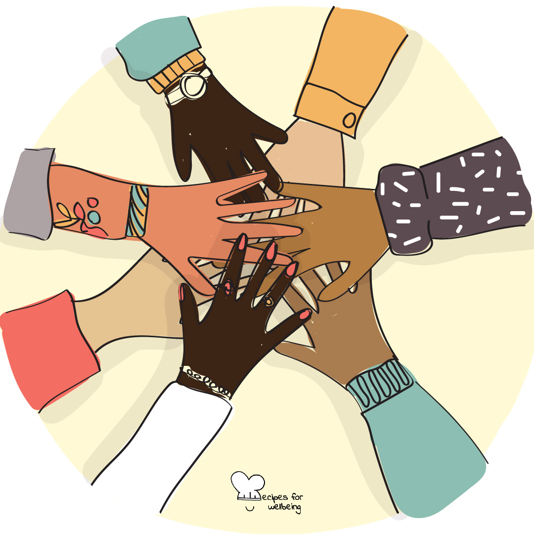 Illustration of 7 hands stacked on top of one another. © Recipes for Wellbeing