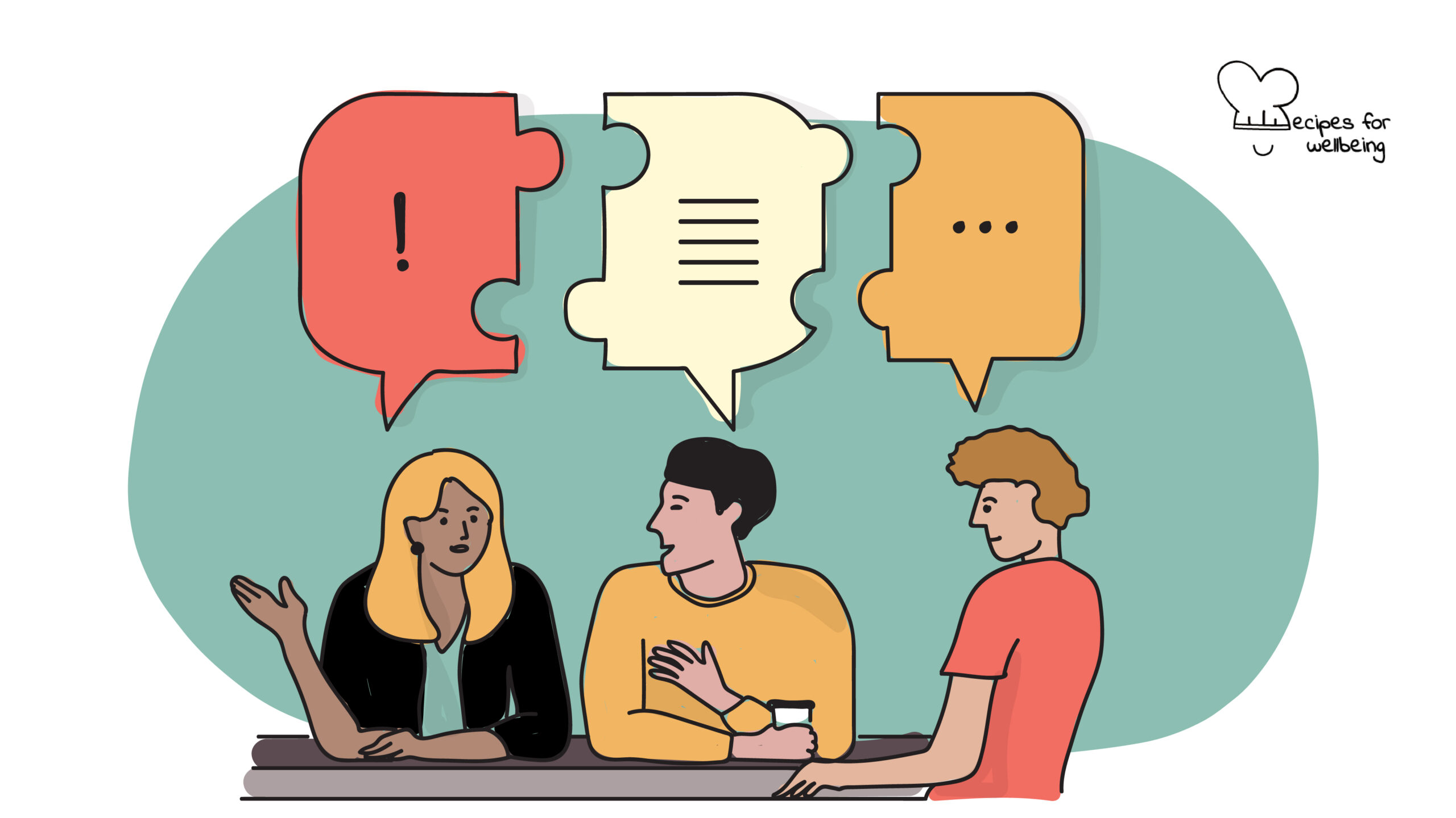 Illustration of three people sitting together and sharing diverse perspectives (represented by different speech bubbles). © Recipes for Wellbeing