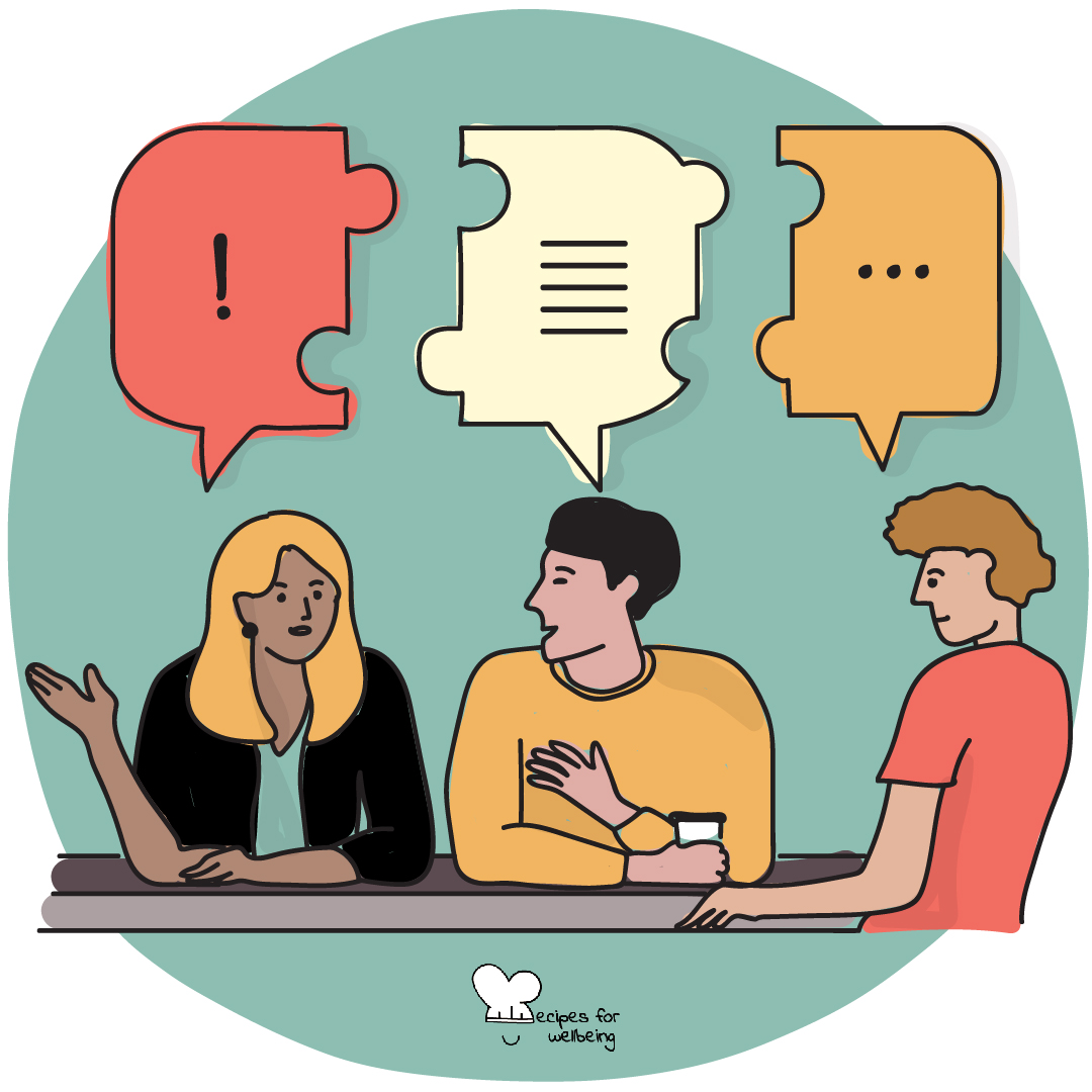 Illustration of three people sitting together and sharing diverse perspectives (represented by different speech bubbles). © Recipes for Wellbeing