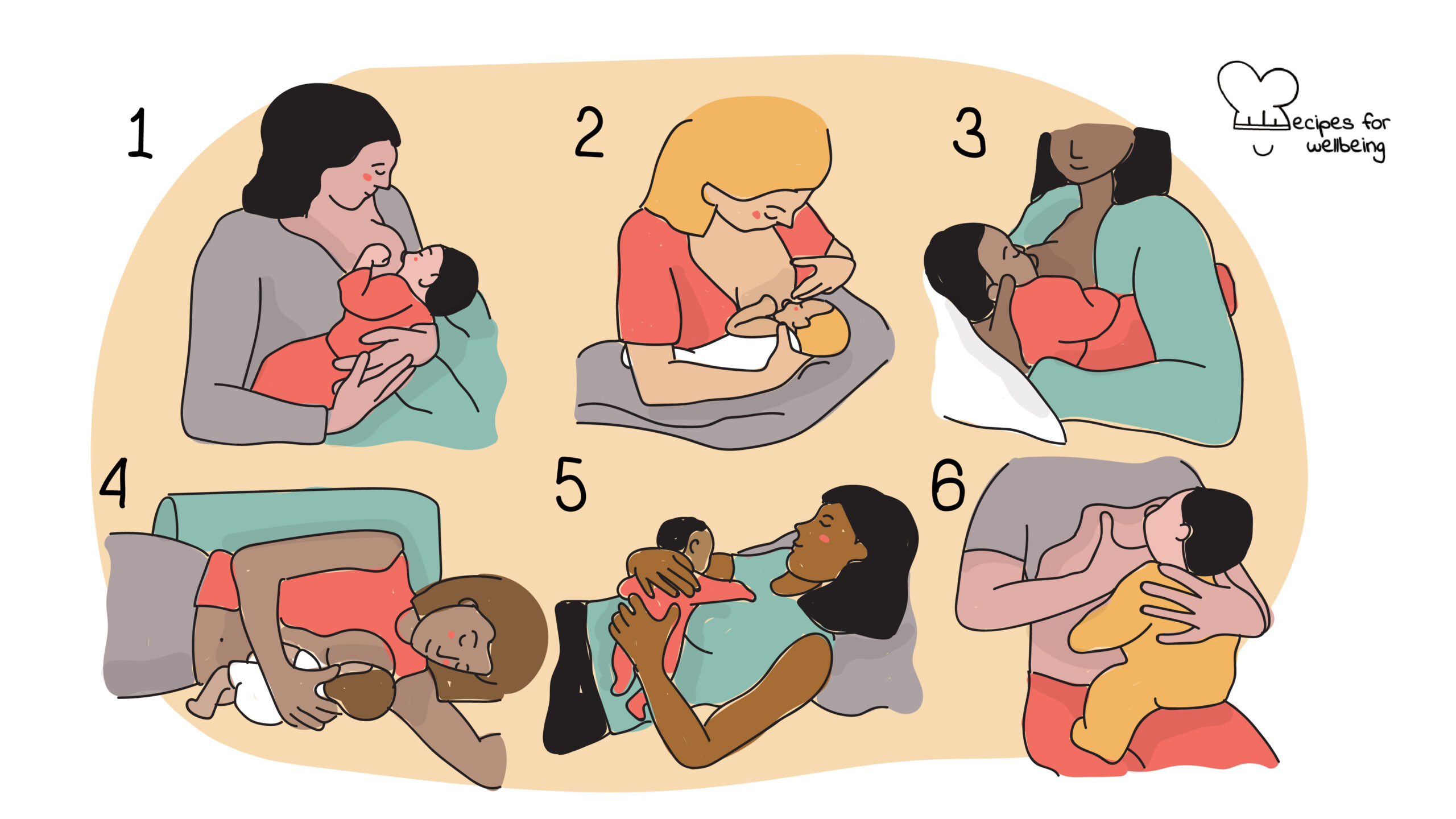 Illustration of 6 mothers breastfeeding 6 babies using different positions and holds. © Recipes for Wellbeing