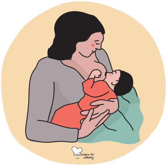 Illustration of a mother breastfeeding a baby with a cradle hold. © Recipes for Wellbeing