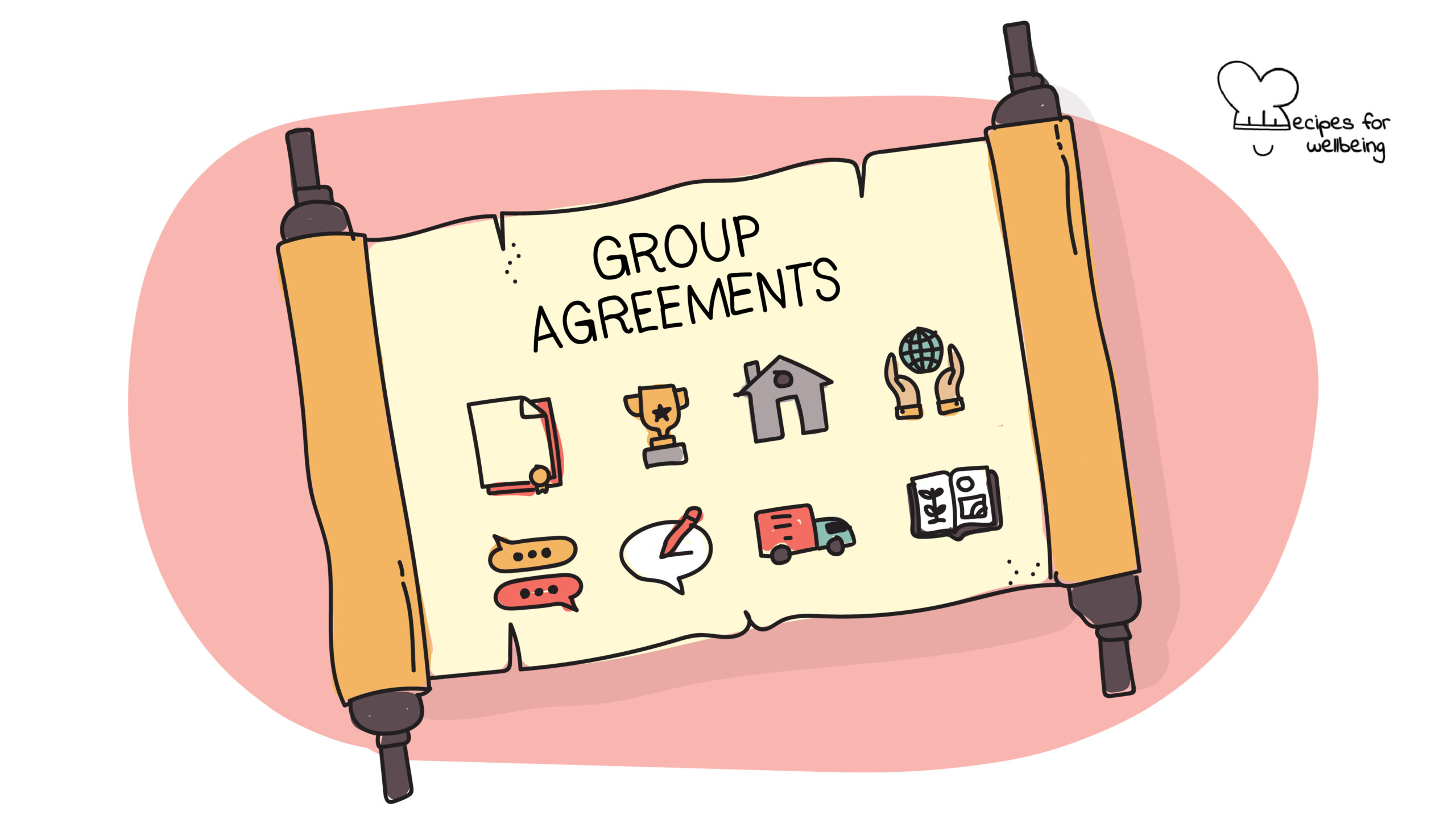 Illustration of a piece of parchment with the words "Group Agreements" written and different icons drawn on it. © Recipes for Wellbeing