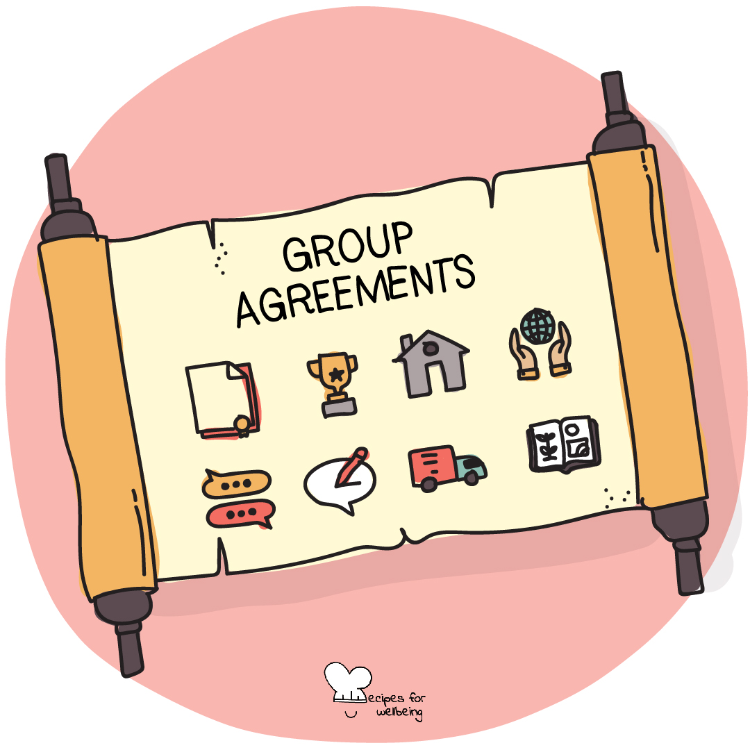 Illustration of a piece of parchment with the words "Group Agreements" written and different icons drawn on it. © Recipes for Wellbeing