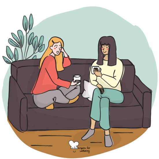 Illustration of two womxn sitting on a couch talking to each other. © Recipes for Wellbeing