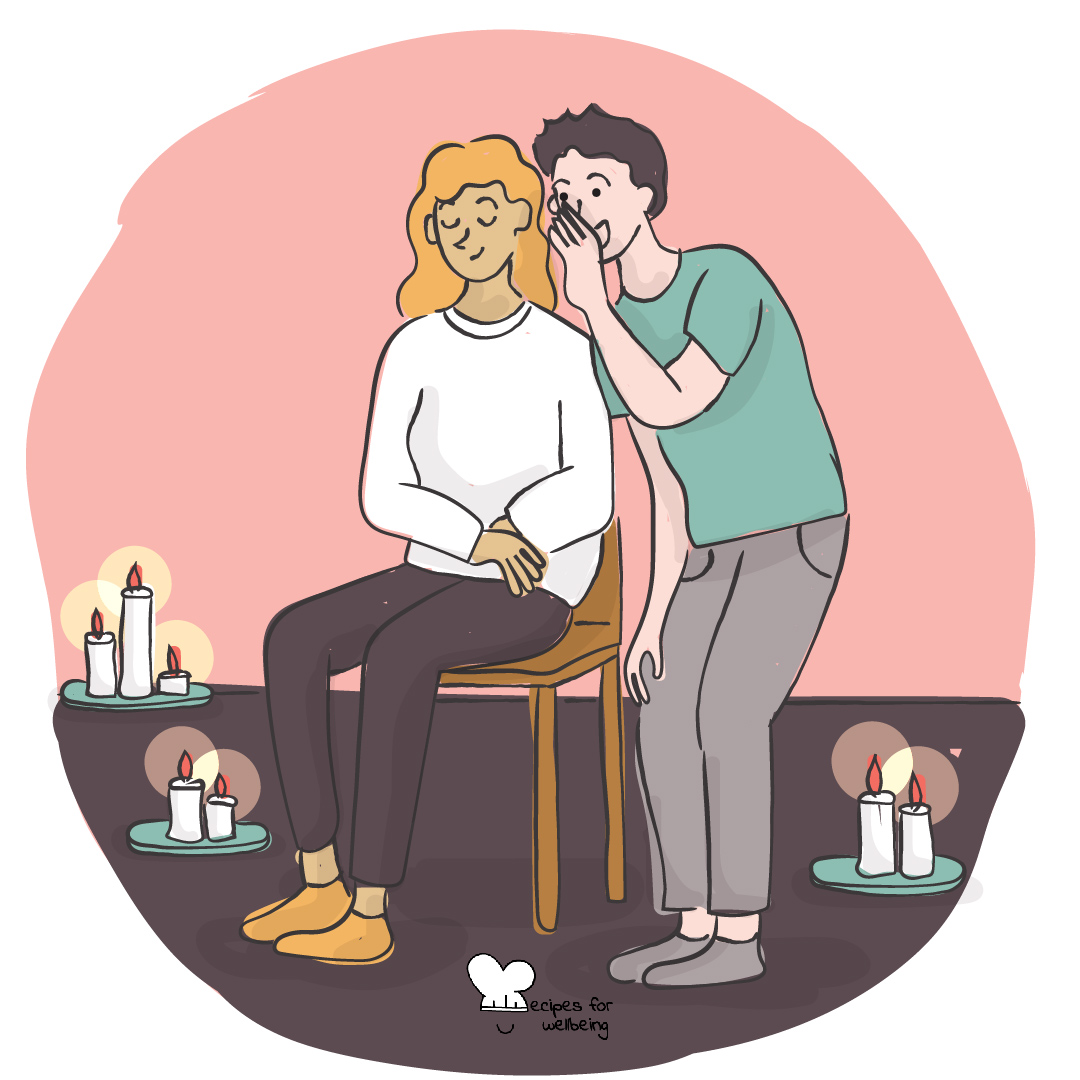 Illustration of a person sitting on a chair with closed eyes and another one standing behind them whispering something in their ear. © Recipes for Wellbeing