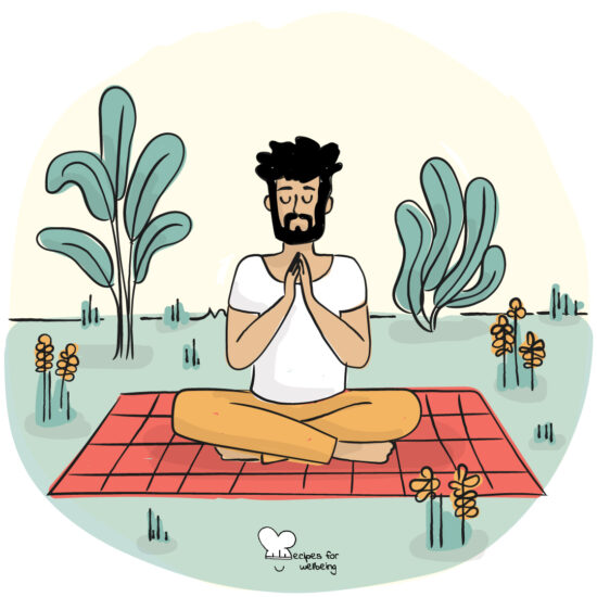 Illustration of a person sitting cross-legged on the grass in a meditative pose. © Recipes for Wellbeing