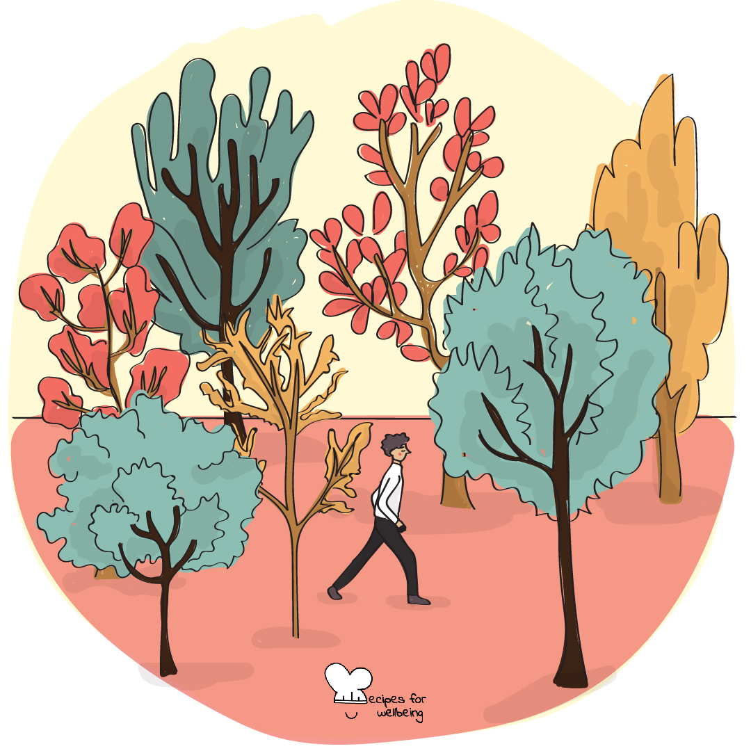 Illustration of a person walking in Nature surrounded by trees. © Recipes for Wellbeing