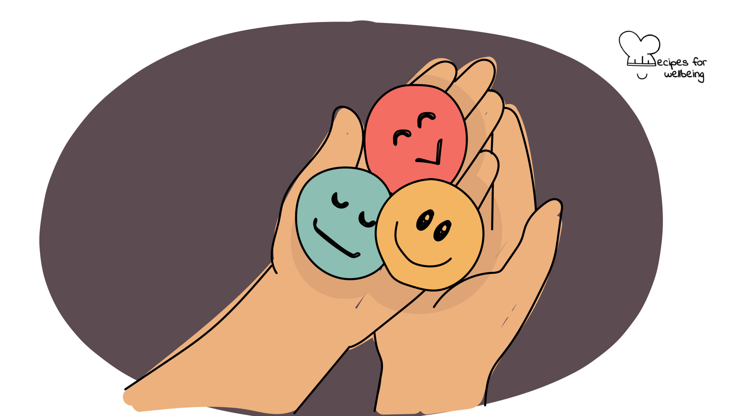 Illustration of a pair of hands holding three emotion emojis. © Recipes for Wellbeing