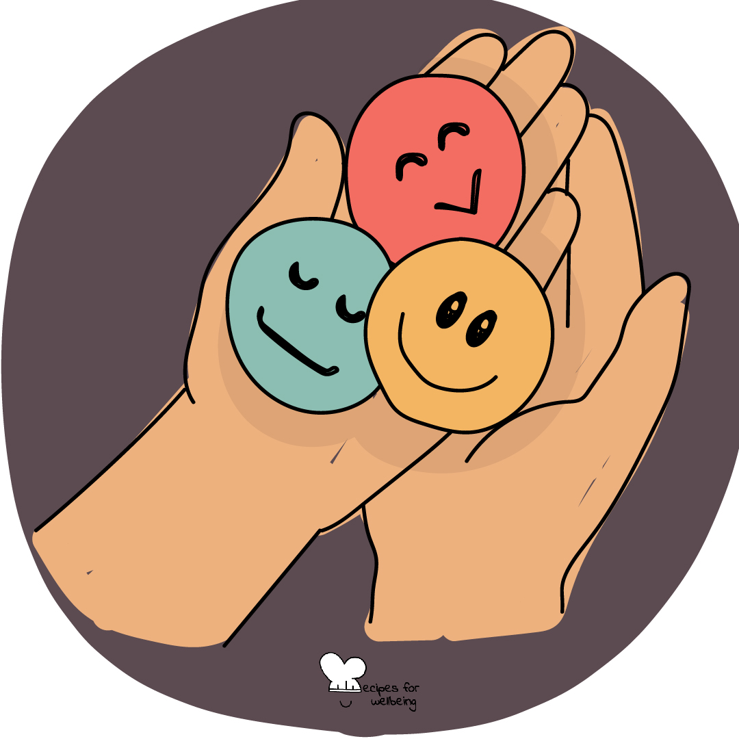 Illustration of a pair of hands holding three emotion emojis. © Recipes for Wellbeing