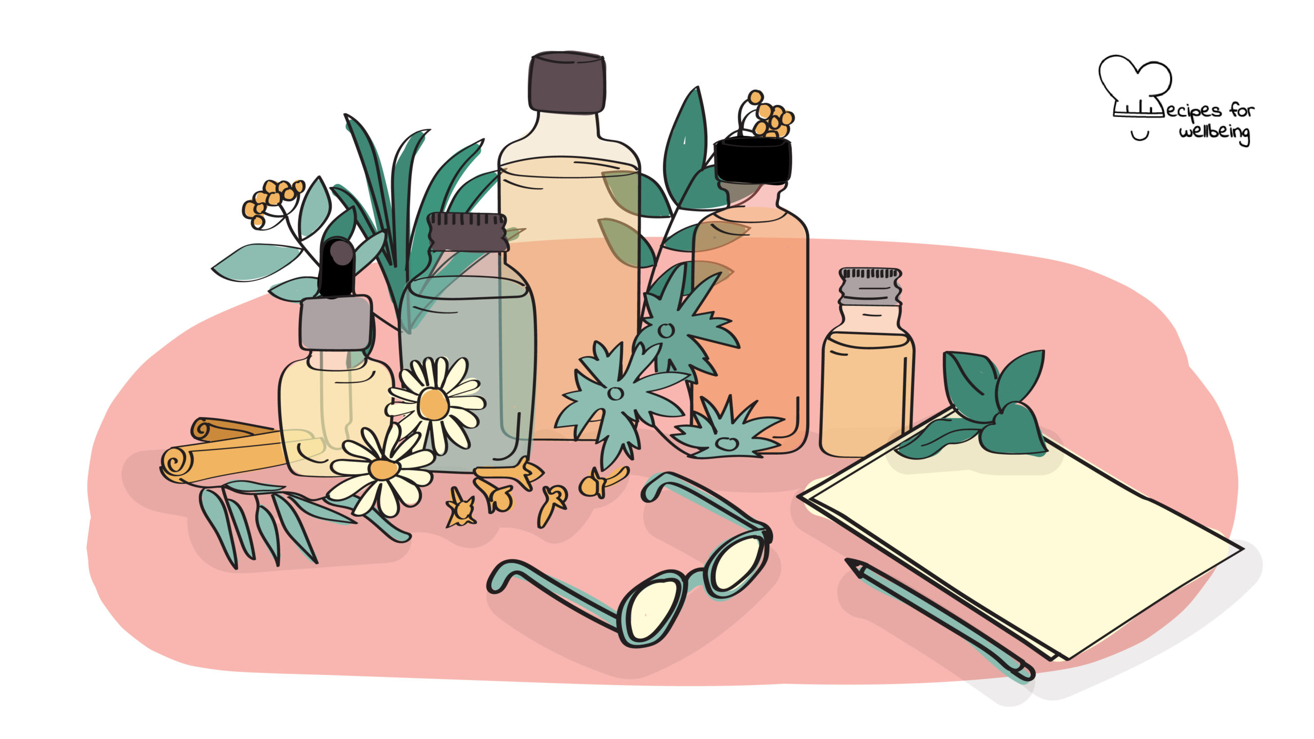 Illustration of 5 bottles of different dimensions containing essential oils (symbolised by different flowers and plant around the bottles) and a blank sheet of paper with a pencil and a pair of glasses next to it. © Recipes for Wellbeing