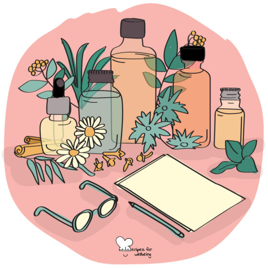 Illustration of 5 bottles of different dimensions containing essential oils (symbolised by different flowers and plant around the bottles) and a blank sheet of paper with a pencil and a pair of glasses next to it. © Recipes for Wellbeing